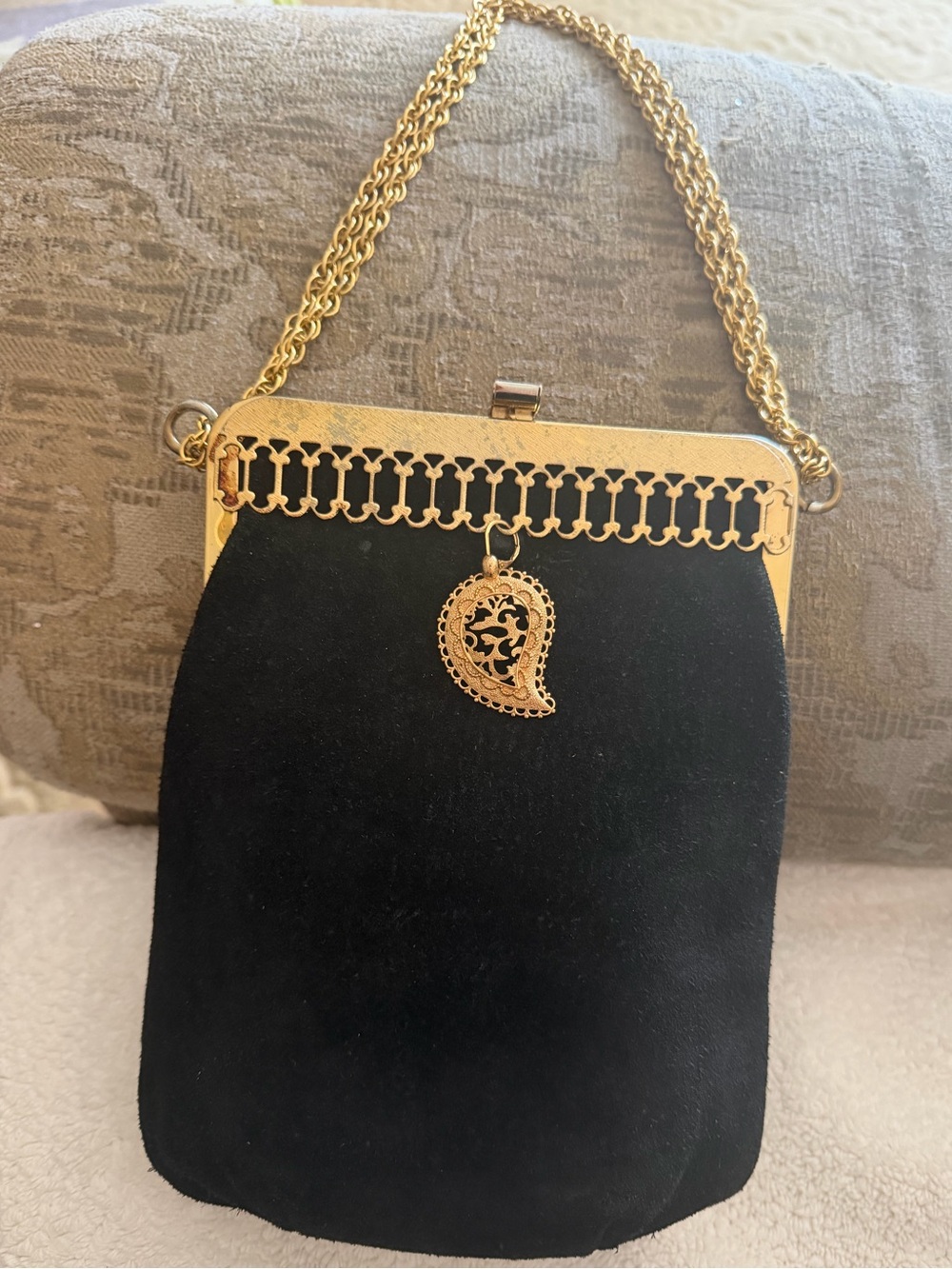 Gold-Trim Black suede Evening Bag with paisley charm! Vintage! 1950s
